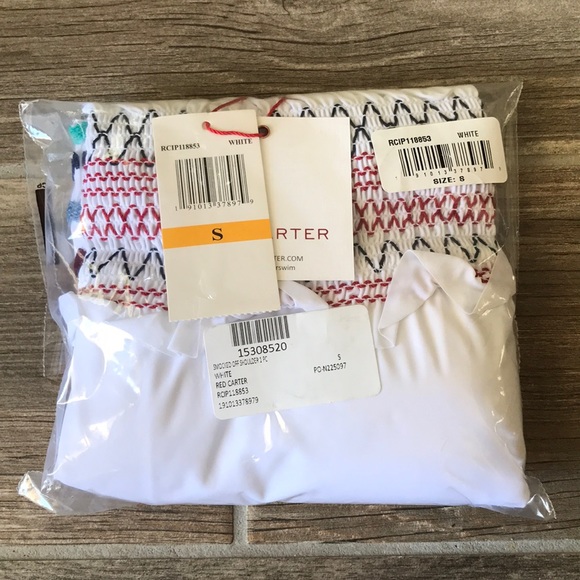 Red Carter Smocked Off the Shoulder Swimsuit - Picture 7 of 9